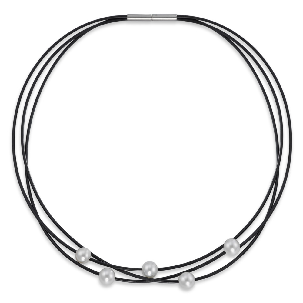 Collier Elegantes Damen Collier aus hochwertigem Edelstahl und flexiblem Kautschuk. Das dreireihige Design wird durch fünf edle Süßwasserzuchtperlen stilvoll akzentuiert. Ein zeitloses Schmuckstück, das modern und klassisch zugleich begeistert. Ideal für jeden Anlass. T-015.08PW01.42