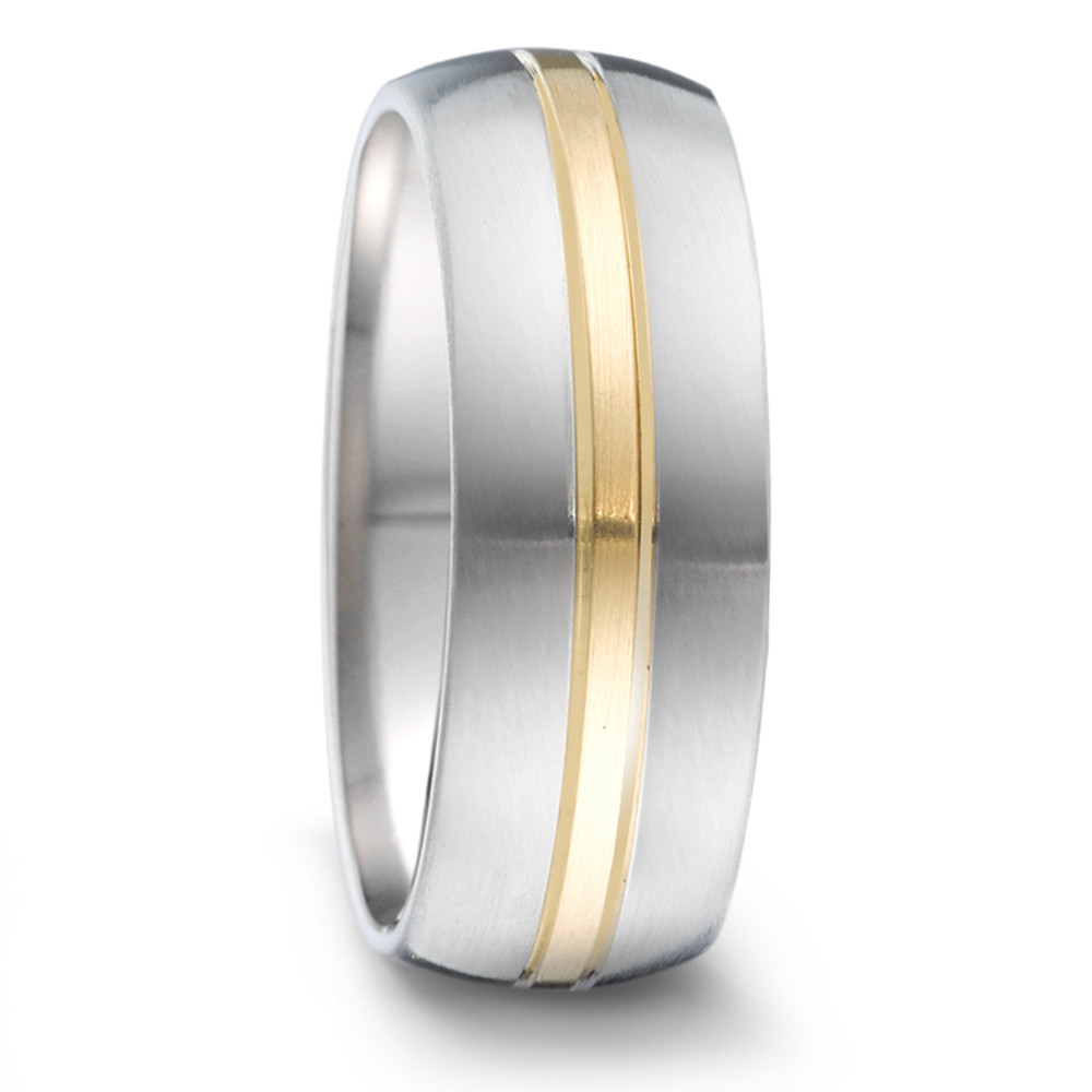 Partnerring Dieser TeNo Unisex Ring aus Edelstahl und Gelbgold ist ein elegantes und vielseitiges Schmuckstück. Mit seinem halbrunden Ringprofil und einer markanten Breite von 8 mm bietet dieser Partnerring einen hohen Tragekomfort. Der Ring ist fein mattiert und wird von einem edlen Gelbgoldstreifen unterbrochen, was ihm eine zeitlose Eleganz verleiht und ihn so zum perfekten Schmuckstück macht, das sowohl für Männer als auch für Frauen geeignet ist. 068.2600.D50.XX