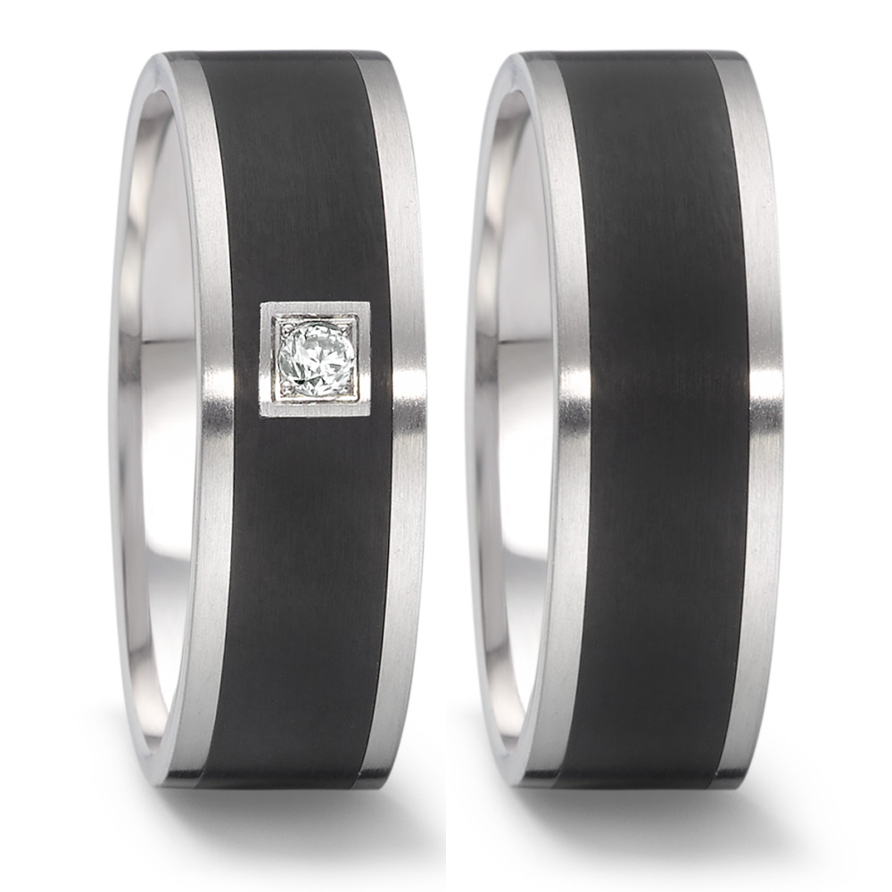 Partnerring Eleganter Damen Partnerring aus hochwertigem Edelstahl mit schwarzer Keramik-Inlay. Veredelt wird der Ring durch einen funkelnden Diamanten in moderner Zargenfassung. Ein zeitloses Schmuckstück, das Stil und Verbundenheit symbolisiert – perfekt für besondere Momente. 064.22P01.D40.XX