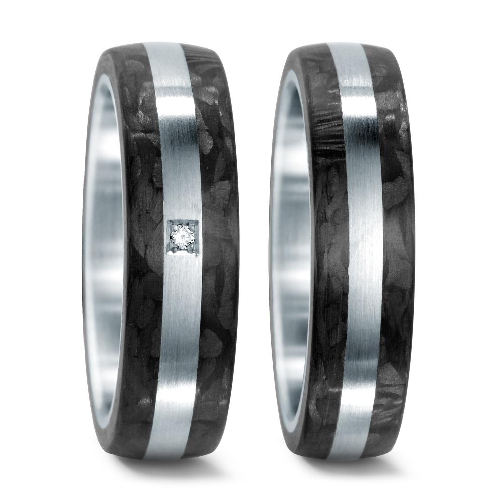 Partnerring Eleganter Damen Partnerring aus widerstandsfähigem Edelstahl kombiniert mit modernem Carbon. Im Zentrum verläuft ein mattierter Edelstahlstreifen, der durch einen funkelnden Diamanten veredelt wird. Ein zeitloses Schmuckstück für besondere Momente.