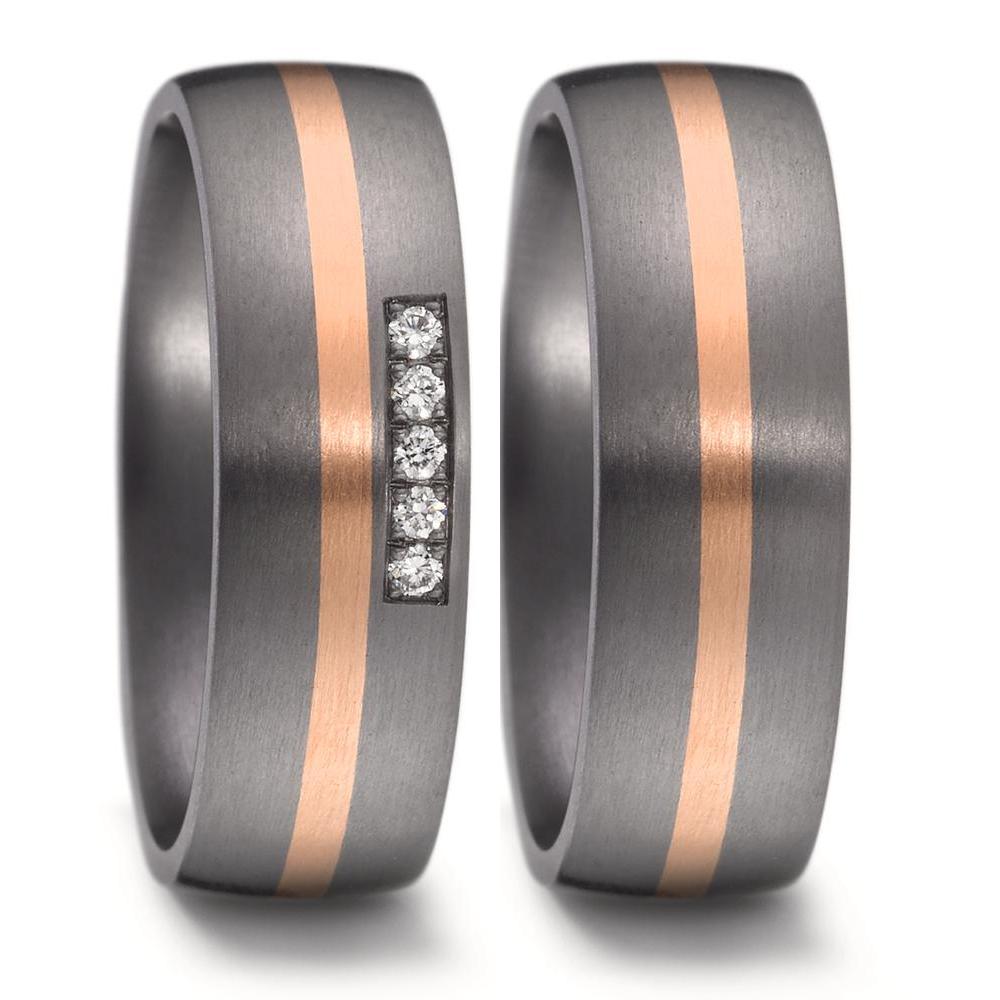 Partnerring Eleganter Damen-Partnerring aus 999 Tantal mit einem stilvollen Streifen aus 585 Roségold. Der Ring ist mit fünf funkelnden Diamanten besetzt und verbindet edle Materialien mit modernem Design – perfekt für besondere Momente voller Liebe und Stil.
