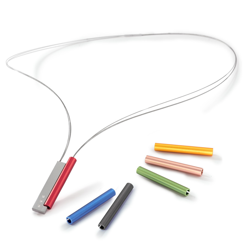 Set TeNo Schmuckset TUBE rechteck, V-Collier. Satinierter Edelstahl, 3 x 0,008 ct. TW/si mit 6 austauschbaren Farbelementen 019.9112.TSR3.70