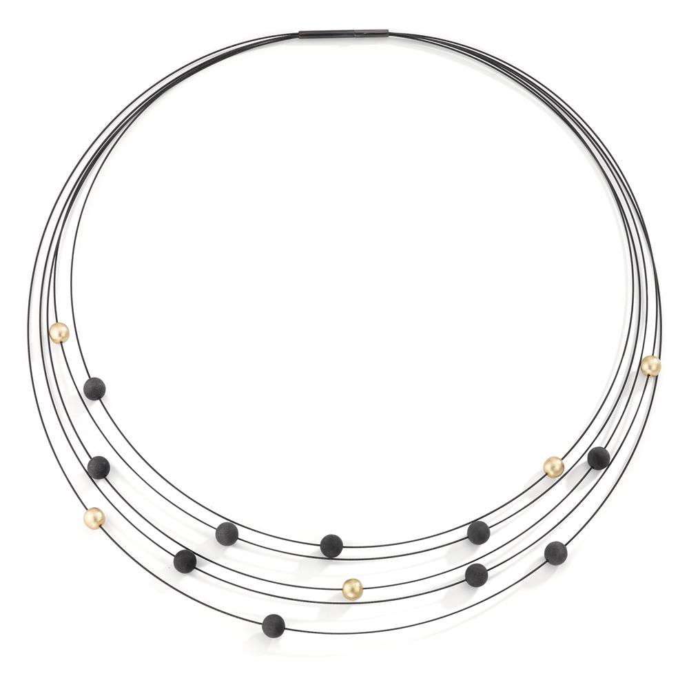 Collier Elegantes Damen-Collier aus hochwertigem Edelstahl mit Carbon- und Aluminium-Elementen. Die filigranen schwarzen Drähte tragen harmonisch angeordnete Kugeln in edlen Gold- und Schwarz-Tönen. Ein moderner, leichter Halsschmuck, der jedes Outfit stilvoll abrundet.