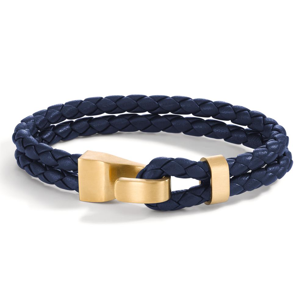 Armband Elegantes Herren-Armband aus geflochtenem Leder in Blau mit robustem Edelstahl-Verschluss in Goldoptik. Das stylische Accessoire verbindet zeitloses Design mit hochwertiger Verarbeitung und ist perfekt für jeden Anlass. Ein modisches Statement für den modernen Mann.