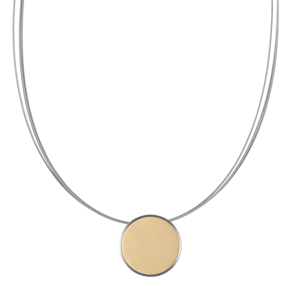 Collier Puristisch, jung und filigran: An diesem feinen Seilcollier Pura von TeNo Design gibt elegantes Gold den Ton an. Zweifarbig im Bicolor Style aus Edelstahl ist der aus drei filigranen Seilen gefertigte Halsreif das perfekte Schmuckstück, um alle Blicke auf sich zu ziehen. Mit seinem Anhänger im kreisförmigen Design und sandmattierter Optik in kann es vielseitig zu unterschiedlichen Anlässen getragen werden. 