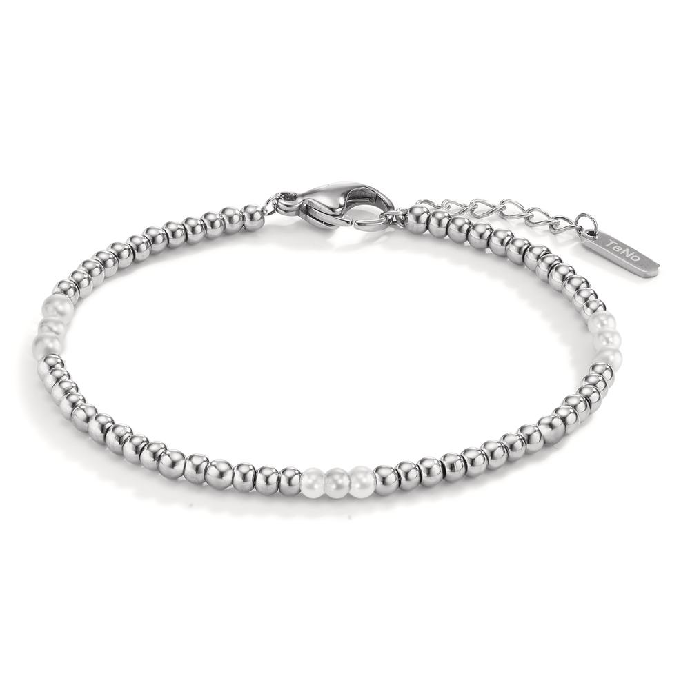 Armband TeNo Kugelarmband Miyako aus Edelstahl im Mix mit kleinen weissen Muschelperlen. Das handgefertigte Kettenarmband mit glänzenden Edelstahlperlen kann im Layering Style besonders gut mit anderen Armbändern kombiniert werden und ist von 17,5 bis 19,5 cm verstellbar. 