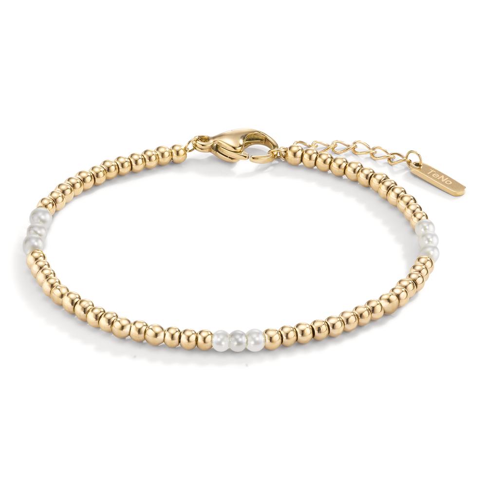 Armband TeNo Kugelarmband Miyako Gold aus Edelstahl im Mix mit kleinen weissen Muschelperlen. Das handgefertigte Kettenarmband mit glänzenden Edelstahlperlen kann im Layering Style besonders gut mit anderen Armbändern kombiniert werden und ist von 17,5 bis 19,5 cm verstellbar. 