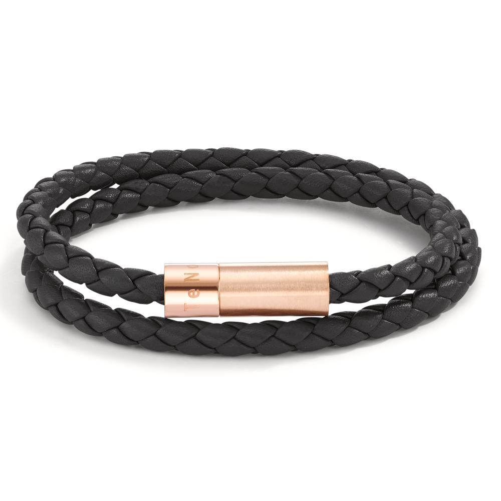 Armband TeNo Wickelarmband Heritage Roségold aus Edelstahl aus schwarzem Flechtleder, welches doppelt um das Handgelenk getragen wird. Es ist für einen eleganten und stilvollen Auftritt wie geschaffen und überzeugt durch einen hohen Tragekomfort. Mit dem originellen und vor Korrosion geschützten Magnetverschluss wird ein schnelles An- und Ausziehen gewährleistet. Zum Schutz vor Wasser sind starke Magnete unsichtbar im Design der Verschlüsse eingebaut, ohne dass ihnen etwas von ihrer Power genommen wird.  