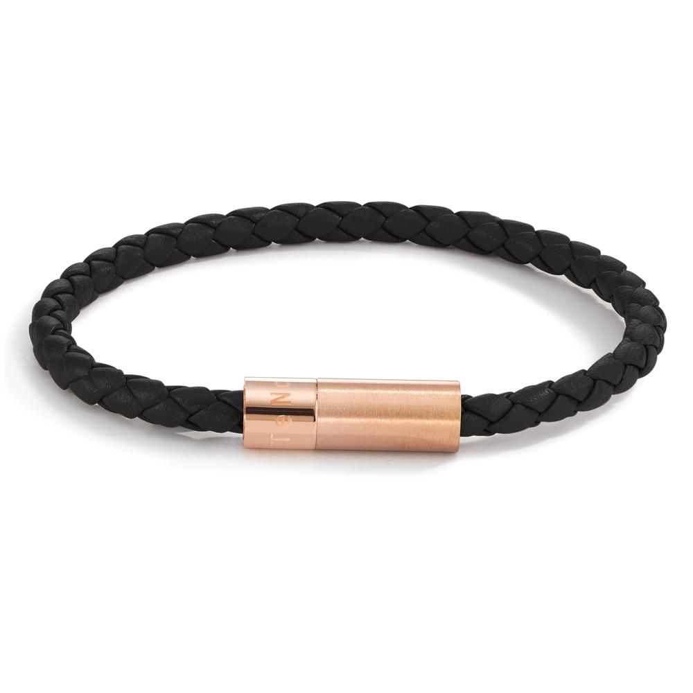 Armband Dieses Herren Armband kombiniert geflochtenes schwarzes Leder mit einem eleganten Verschluss aus roségoldfarbenem Edelstahl. Ein stilvolles Accessoire, das moderne Robustheit und zeitloses Design vereint – perfekt für den selbstbewussten Mann von heute.