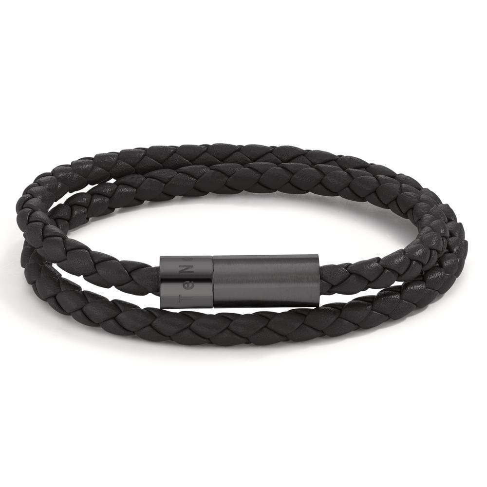 Armband TeNo Wickelarmband Heritage aus schwarzem Edelstahl und schwarzem Flechtleder. Ein Design aus cooler 
Eleganz und urbaner Lässigkeit. Das doppelt gewickelte Armband wird einfach am zylinderförmigen Design-Magnetverschluss
geschlossen. Original TeNo Design Magnetverschlüsse sind durch innenliegende Magnete vor Korrosion so geschützt
ohne ihnen etwas von ihrer Power zu nehmen. 