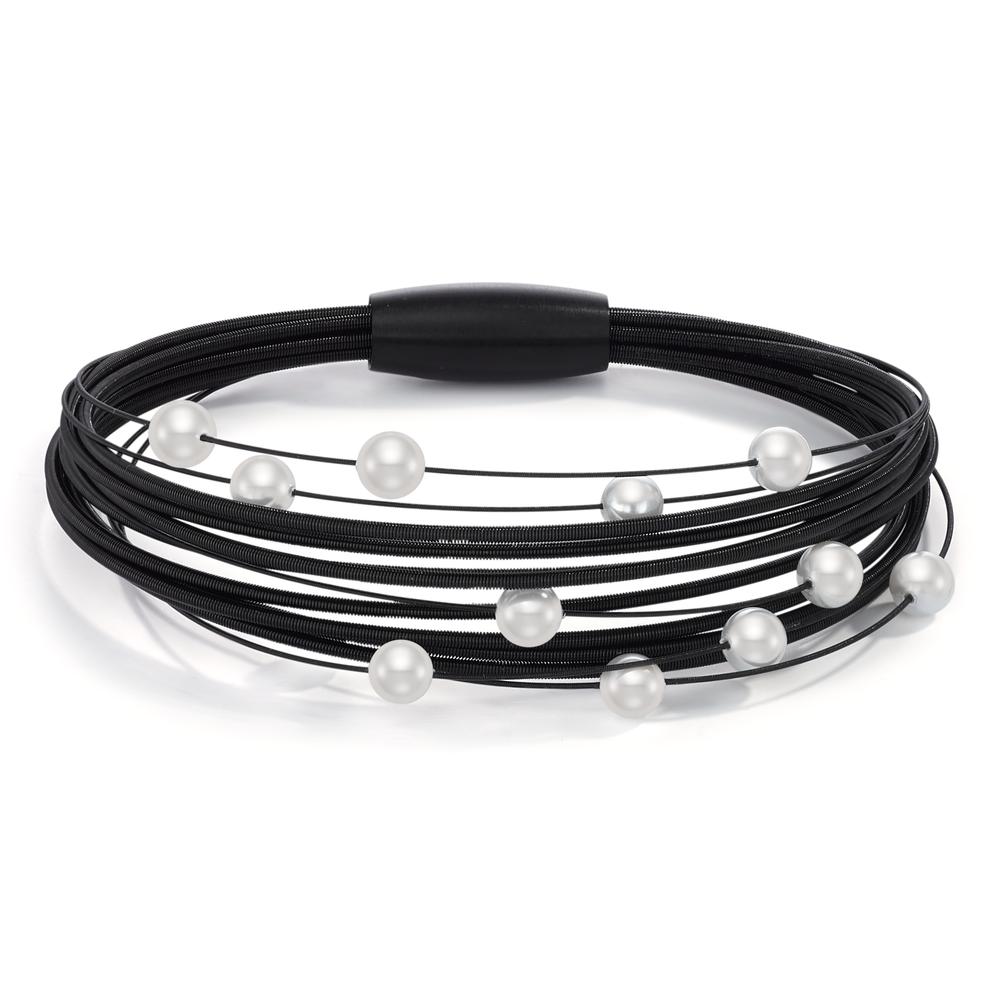 Armband Dieses Damenarmband aus schwarzem Edelstahl besticht durch sein modernes Design mit mehreren dünnen Drähten, die elegant mit weißen Muschelperlen verziert sind. Ein edles Accessoire, das jedem Outfit einen stylischen und zugleich femininen Akzent verleiht.