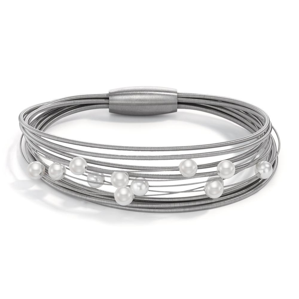 Armband Dieses Damenarmband aus hochwertigem Edelstahl besticht durch sein mehrreihiges Design. Verziert mit zarten, weißen Muschelperlen verleiht es jedem Outfit eine elegante und feminine Note. Perfekt für besondere Anlässe oder den stilvollen Alltag. Robust und langlebig.