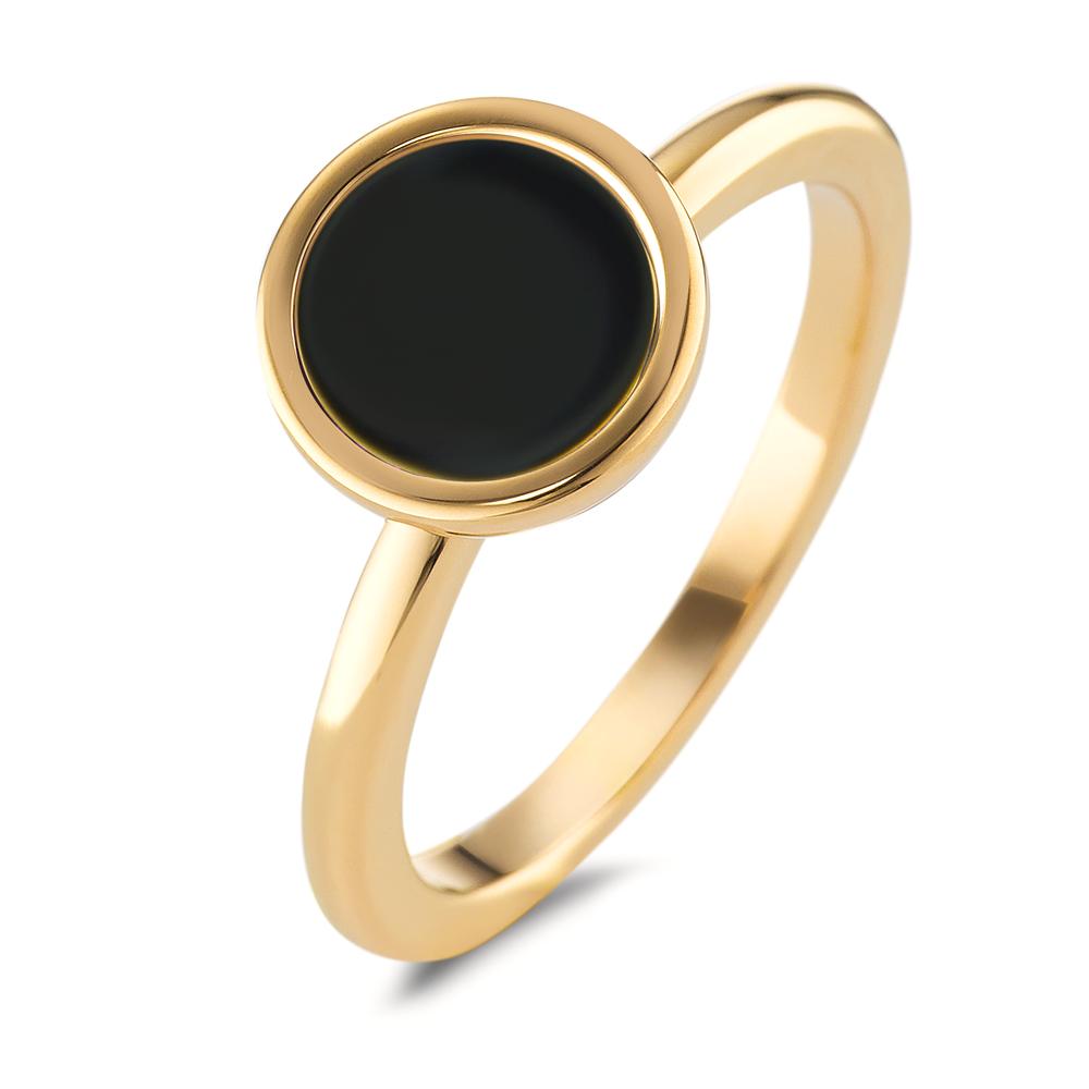 Fingerring Eleganter Damen-Fingerring aus hochwertigem Edelstahl mit edler goldfarbener Beschichtung. Das schlichte Design wird durch eine stilvolle schwarze, runde Einlage akzentuiert und macht den Ring zum zeitlosen Accessoire für jeden Anlass. Pflegeleicht und hautfreundlich.