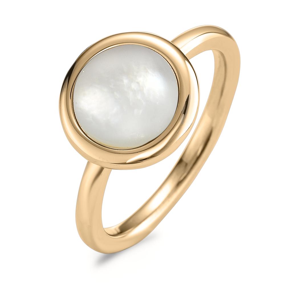 Fingerring Klassisch und zeitgleich modern: Der Elyna Edelstahlring in Gold mit strahlendem Perlmutt-Cabochon besticht durch eine zeitlose Formensprache. Im selben Design erhältlich sind Ohrstecker, Ohrhänger und Schmuckanhänger, die ganz nach Geschmack, Stimmung und Anlass kombiniert werden können. 