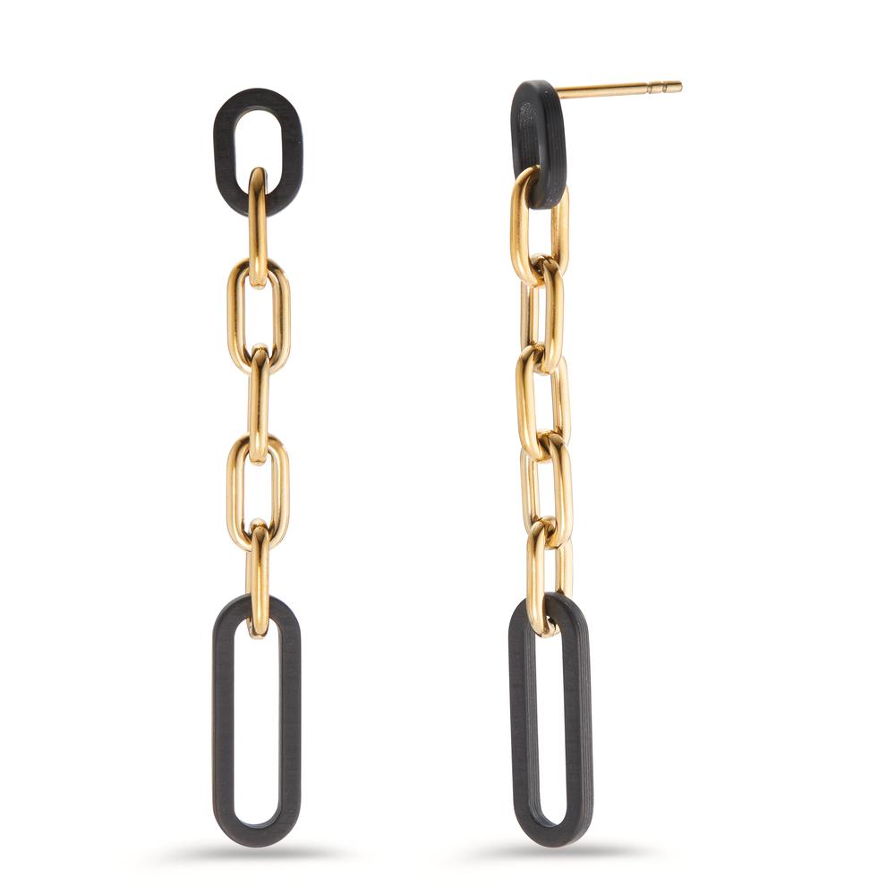 Ohrhänger Diese eleganten Damen Ohrhänger kombinieren robusten Edelstahl mit modernem Carbon-Design. Die goldfarbenen Kettenglieder setzen einen stilvollen Akzent und sorgen für einen trendigen Look. Leicht und angenehm zu tragen, sind sie perfekt für jeden Anlass.
