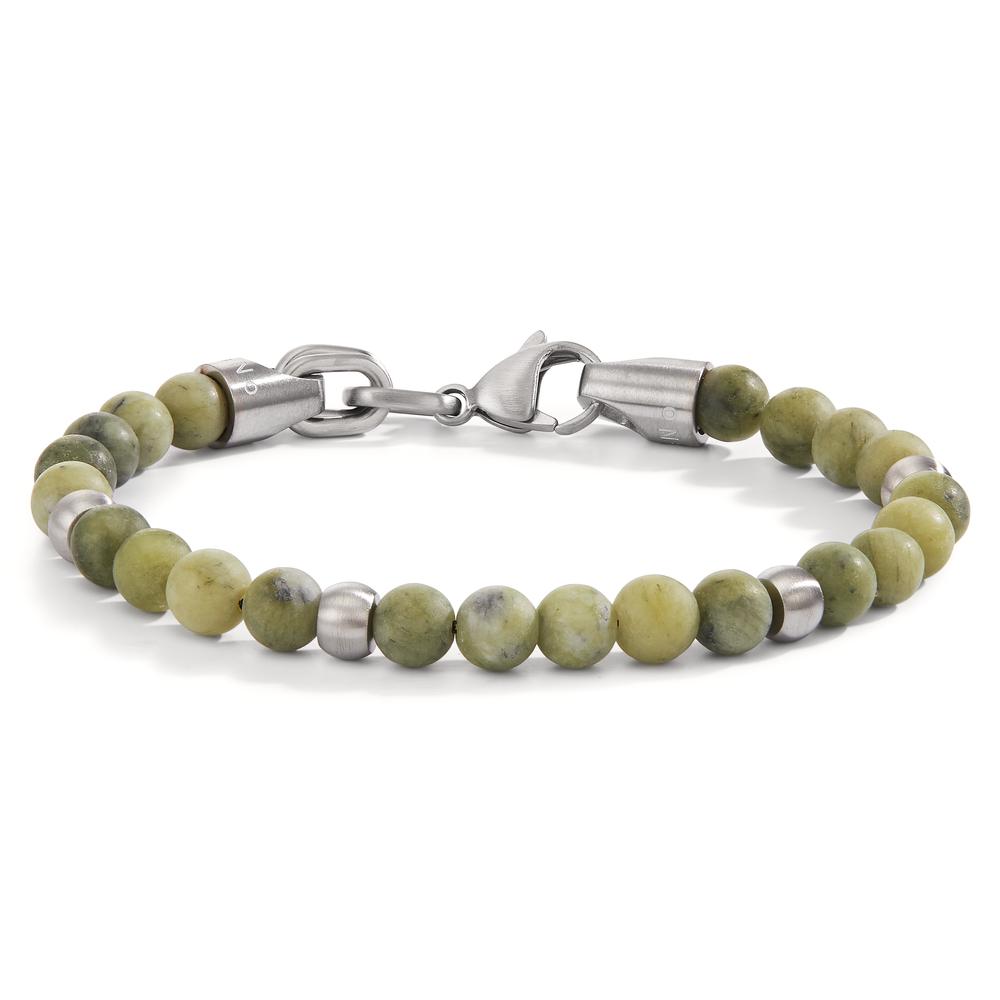 Armband Elegantes Herrenarmband aus mattem Edelstahl kombiniert mit natürlichen Jade-Perlen in grünlich-beigen Tönen. Das robuste Design bietet einen dezenten, maskulinen Look und ist ideal für Alltag und besondere Anlässe. Mit sicherem Karabinerverschluss für perfekten Sitz.