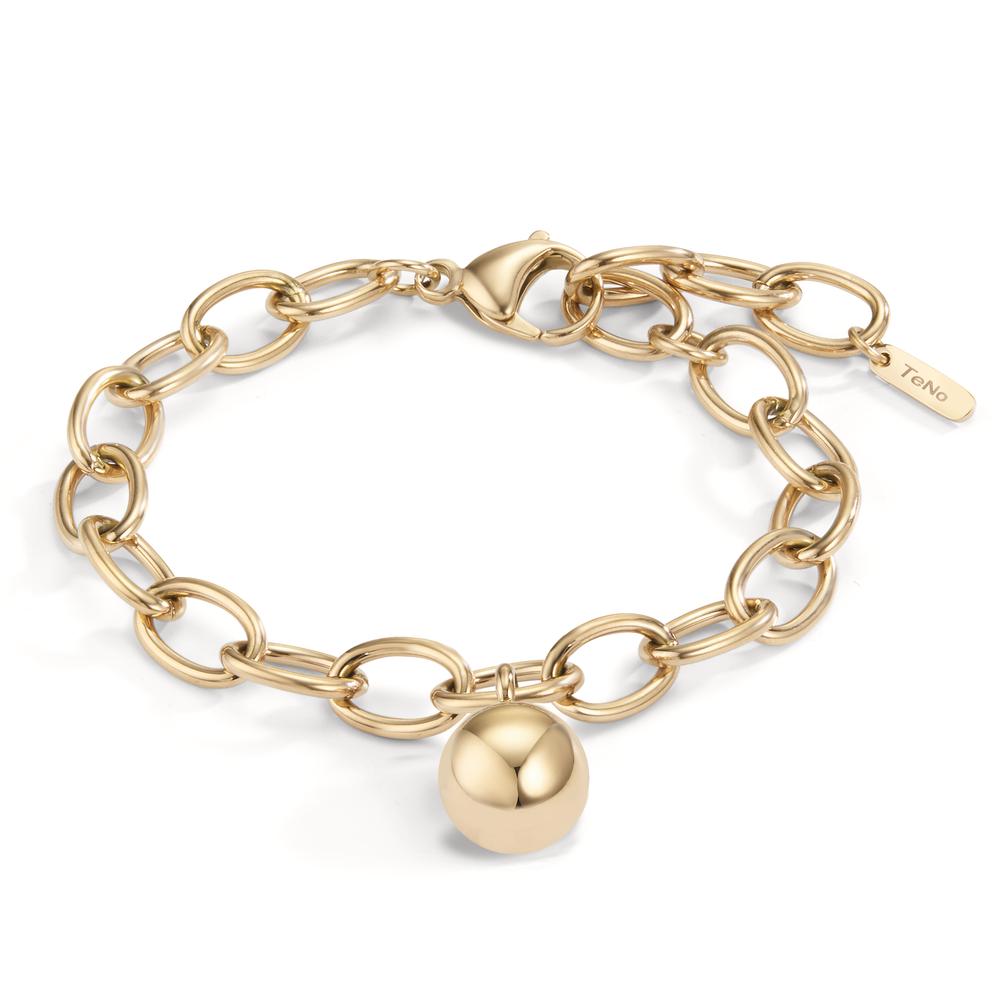 Armband Das goldene ESTELLE Armband mit ovalen Gliedern aus recyceltem Edelstahl setzt ein elegantes Statement, das zeitlos, klassisch und nachhaltig ist. Der 12 mm große Kugelanhänger sorgt mühelos für einen stilvollen und lässigen Akzent. Gefertigt aus recyceltem und antiallergenen Edelstahl verleiht dieses hübsche Gliederarmband jedem Outfit einen exklusiven Touch. 