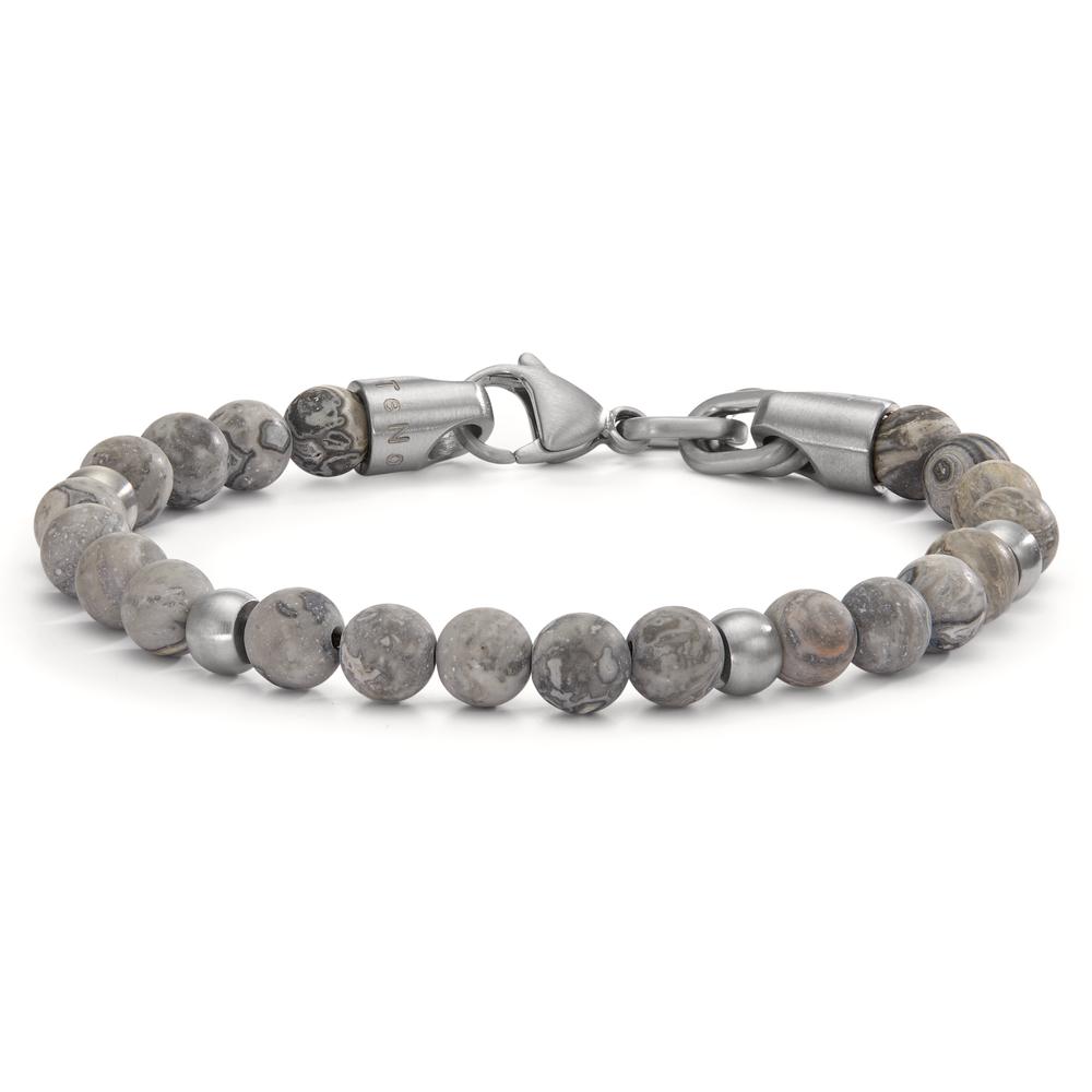 Armband Dieses elegante Damenarmband kombiniert matt grauen Jaspis mit robustem Edelstahl und setzt so einen natürlichen und gleichzeitig modernen Akzent. Die hochwertigen Materialien sorgen für einen langlebigen und stilvollen Begleiter im Alltag. Ein zeitloses Schmuckstück für jeden Anlass.