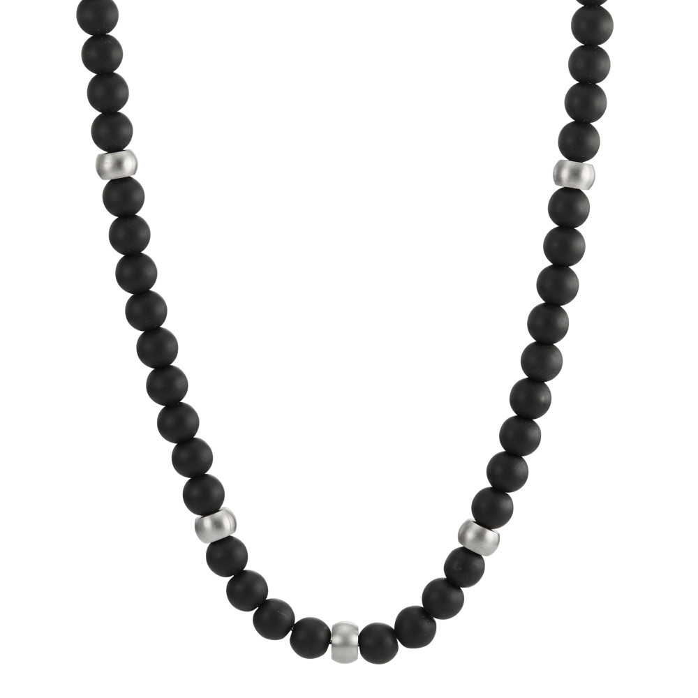 Collier Elegantes Damen-Collier aus mattiertem Edelstahl kombiniert mit schwarzen Achat-Perlen. Das stilvolle Schmuckstück besticht durch das harmonische Zusammenspiel von robustem Metall und edlen Natursteinen – perfekt für jeden Anlass und moderne Outfits.