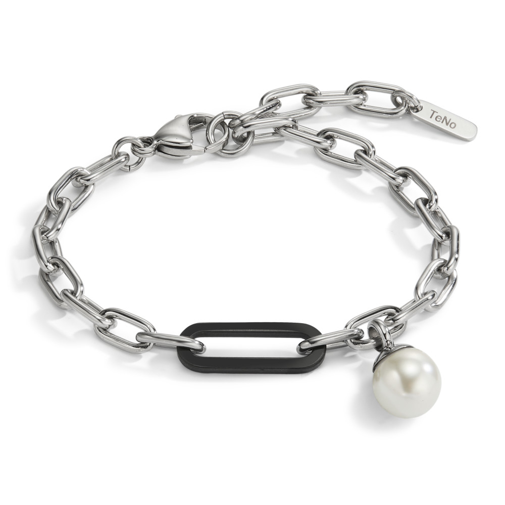 Armband Elegantes Damenarmband aus hochwertigem Edelstahl mit besonderem Karbon-Element und edler Muschelperle als Anhänger. Das moderne Design verbindet robusten Look mit weiblicher Raffinesse – perfekt für jeden Anlass und ein stilvolles Accessoire im Alltag.