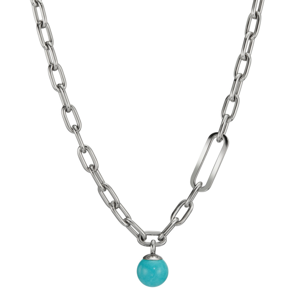 Collier Moderner Halsschmuck aus silberfarbenem Edelstahl mit markanten Gliedern. Die Kette wird durch einen runden Anhänger mit strahlend blauem Stein ergänzt und setzt einen stilvollen Akzent. Perfekt für einen trendigen und eleganten Look im Alltag oder zu besonderen Anlässen.