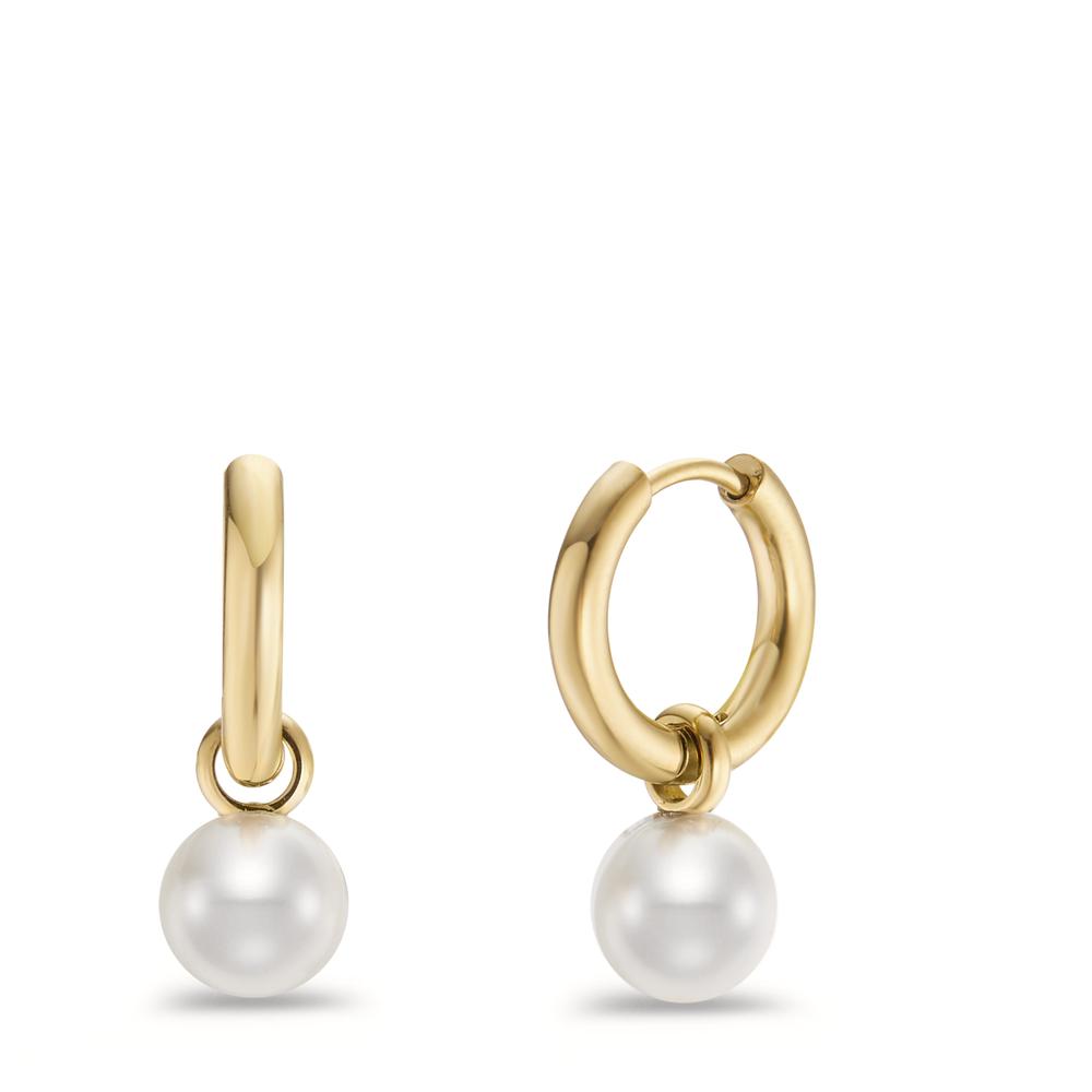 Creolen mit Einhänger Elegante Damen-Creolen aus hochwertigem Edelstahl mit glänzendem Goldfinish. Jeder Ohrring ist mit einer zarten, edlen Muschelperle als Einhänger versehen, die dem Schmuckstück eine besondere Leichtigkeit und zeitlose Schönheit verleiht. Perfekt für jeden Anlass.