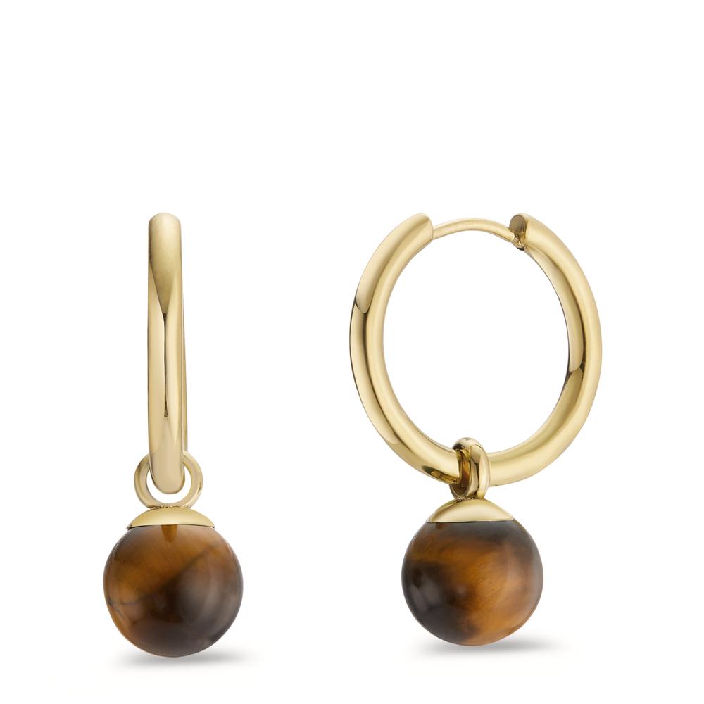 Creolen mit Einhänger Elegante Damen-Creolen aus hochwertigem Edelstahl mit goldfarbener Oberfläche. Jeder Ohrring ist mit einem natürlichen Tigerauge-Einhänger verziert, der mit seinem warmen Braunton und faszinierenden Glanzeffekten besticht. Ein zeitloses Accessoire für jeden Anlass.