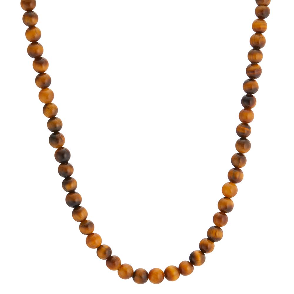 Collier Einreihige Perlen-Halskette für Damen aus dem schönen braunen Halbedelstein Tigerauge. Die Kette ist stufenlos längenverstellbar und hat einen Karabinerverschluss aus Edelstahl in der Farbe Gelbgold. 