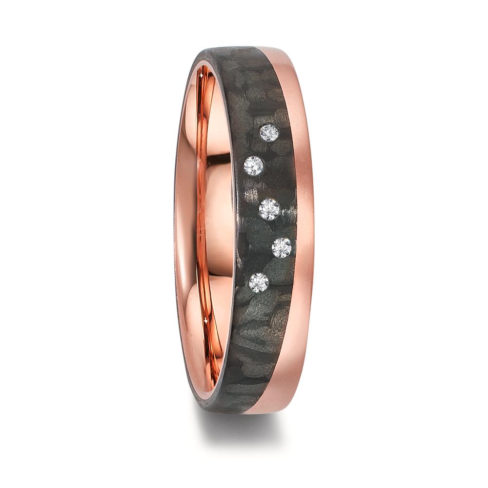 Partnerring Eleganter Damen-Partnerring aus 750er Rotgold, kombiniert mit modernem Carbon für ein stilvolles Design. Veredelt wird der Ring durch fünf funkelnde Diamanten, die für besondere Akzente sorgen. Perfekt für Paare, die zeitlose Eleganz mit innovativen Materialien schätzen. 50015/001/005/7N59